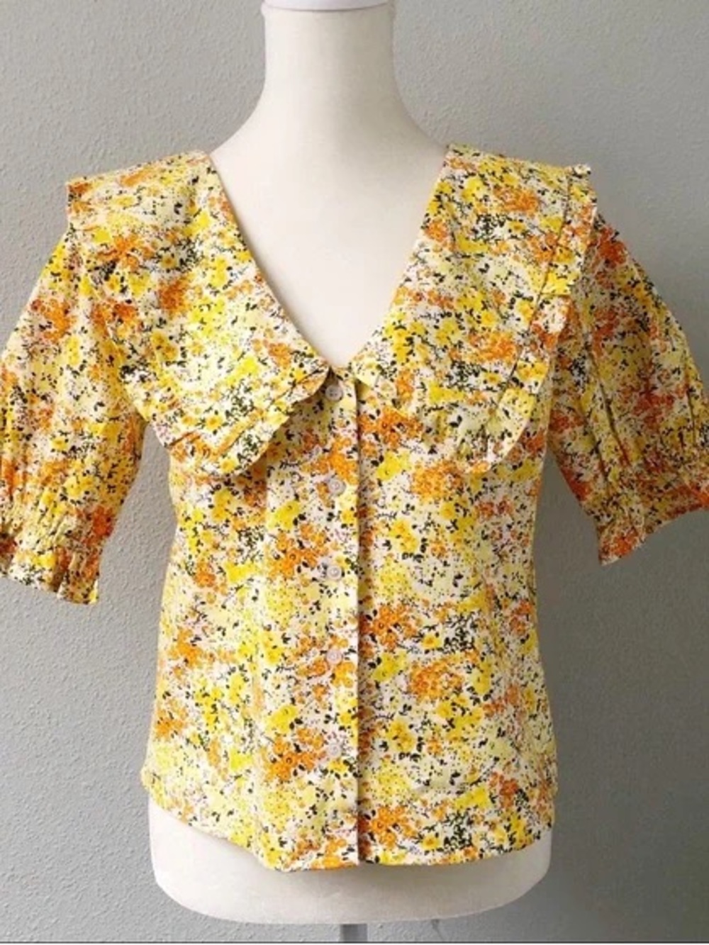 Floral Print Collar Ruffle Detail Blouse YELLOW